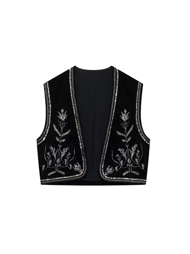 SIYANG Women Vintage Chic Velvet Embroidered Sequined Waistcoat Female Open Stitch Sleeveless Top Ladies Vest Streetwear