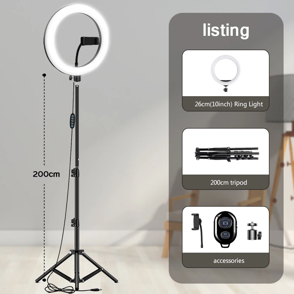 10 "26 cm LED Selfie Ringlicht Fotografie Video Licht RingLight Telefoonstandaard Statief Invullicht Dimbare Lamp Trepied Streaming