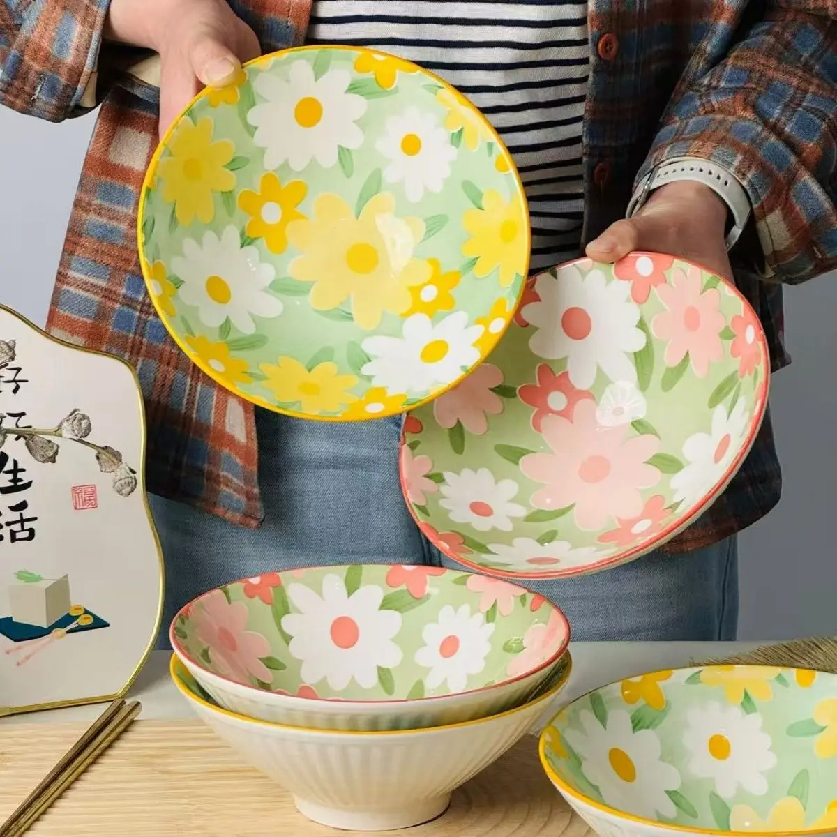 attractive-8-cup-bowl-set-ceramic-bowl-plate-combo-rice-bowl-soup-bowl-underglaze-color-small-daisy-dining-utensils