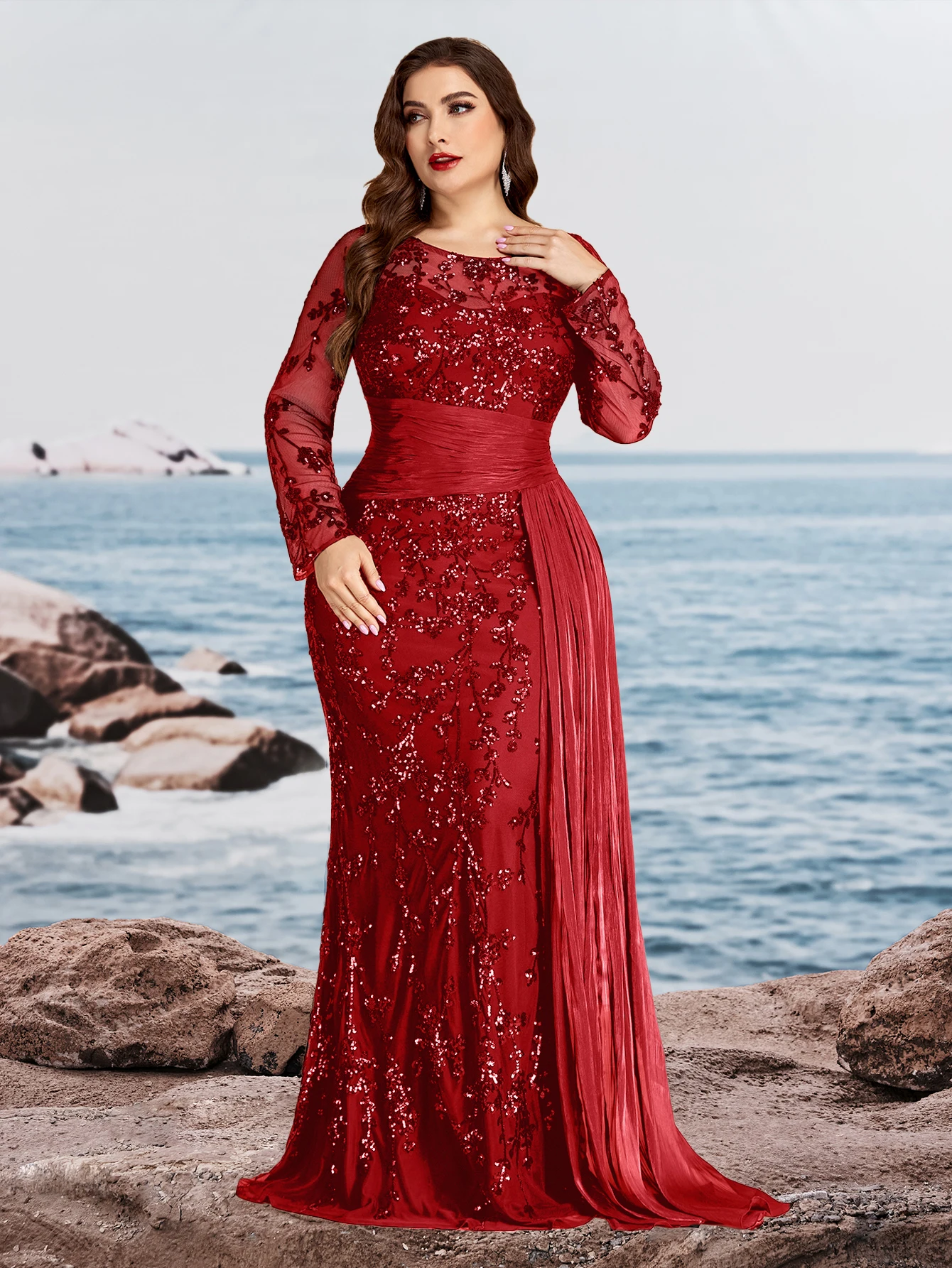 Plus Size Elegant Long Sleeves Red Sequins Patchwork Ribbon Pleats Formal Evening Dress Luxury Mermaid Party Gown Prom