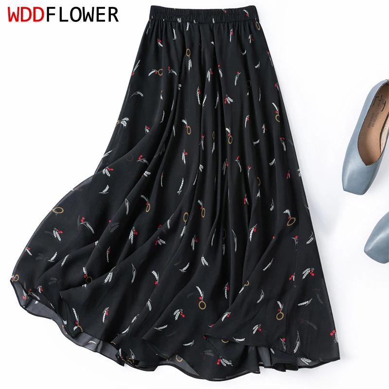 Women Silk Skirt 100% Mulberry Silk Black Printed Long Type Skirt With Double Lining Summer Beach Big Hem 2026 M1550