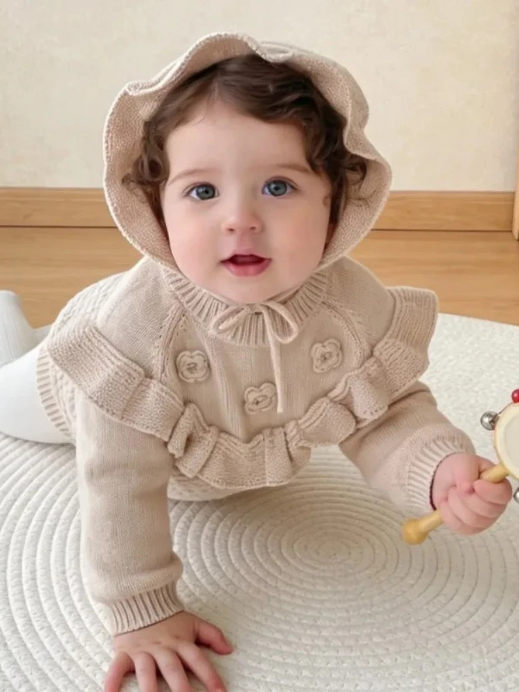 Girls' autumn outfit lace long sleeve solid knit bag fart cloth crawling clothes baby knit sweater princess hollow out jumpsuit