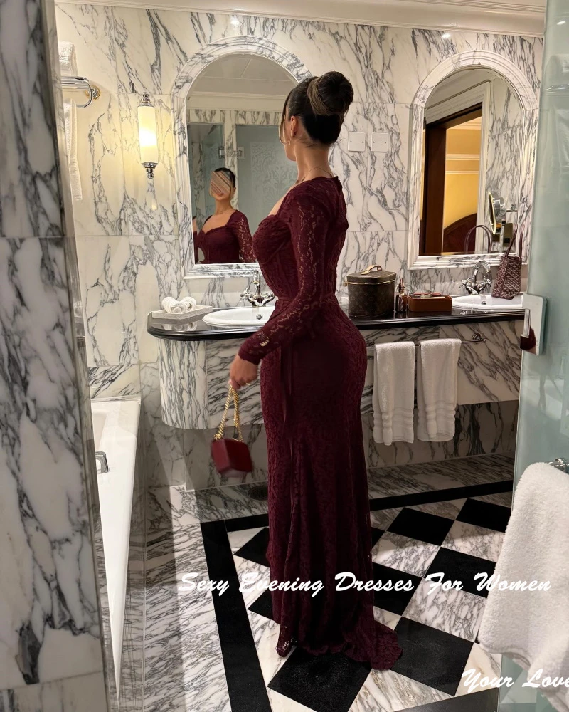 Robe de soirée en dentelle bordeaux personnalisée, col carré, pour femmes Sexy, robes de Cocktail, corsage, Corset, longue robe de bal