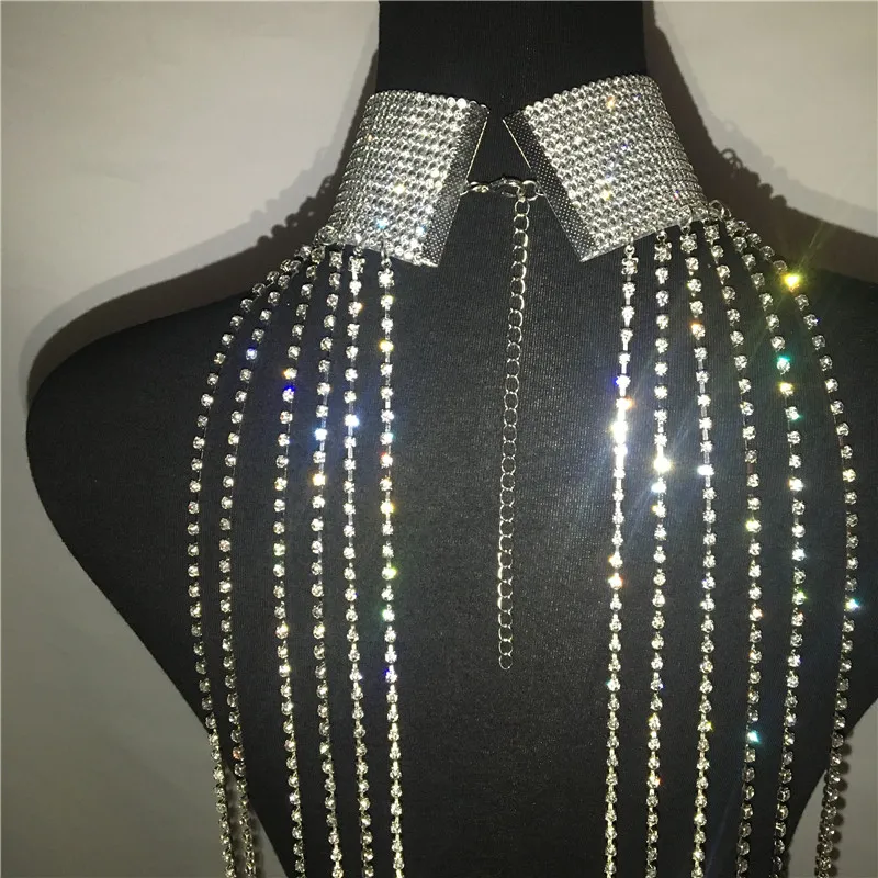 Rhinestone Tassel Chain Sexy Women See Throug Statement Necklace Sliver Diamond Sleeveless Hollow Out Chokers Dress