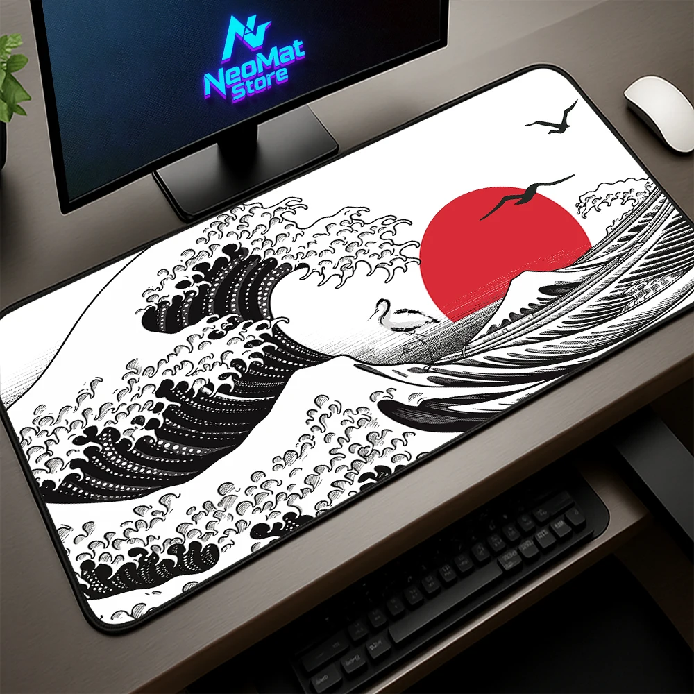 

Black and White Xxl Mouse Pad Wave Mousepad Gaming Japan Office Desk Accessories Aesthetic Table Mats Huge Mouse Mat Big Size