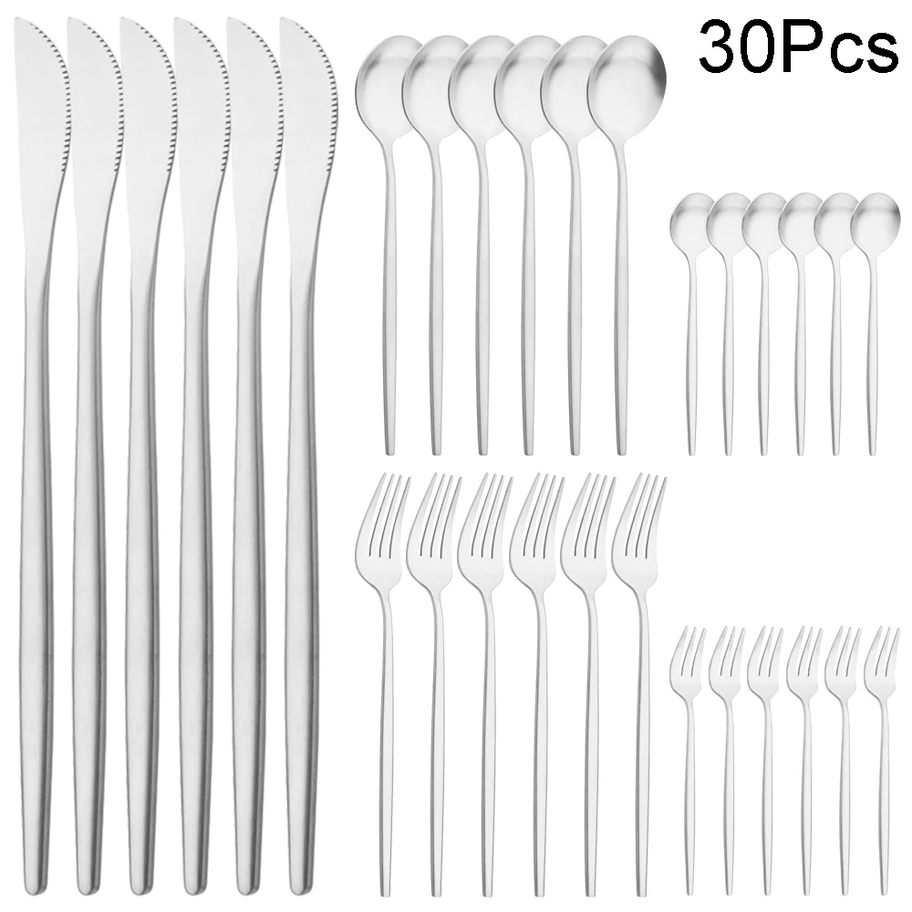 

30Pcs Knife Fork Spoon Dinnerware Set Matte Cake Fork Teaspoon Cutlery Set Stainless Steel Tableware Western Kitchen Flatware