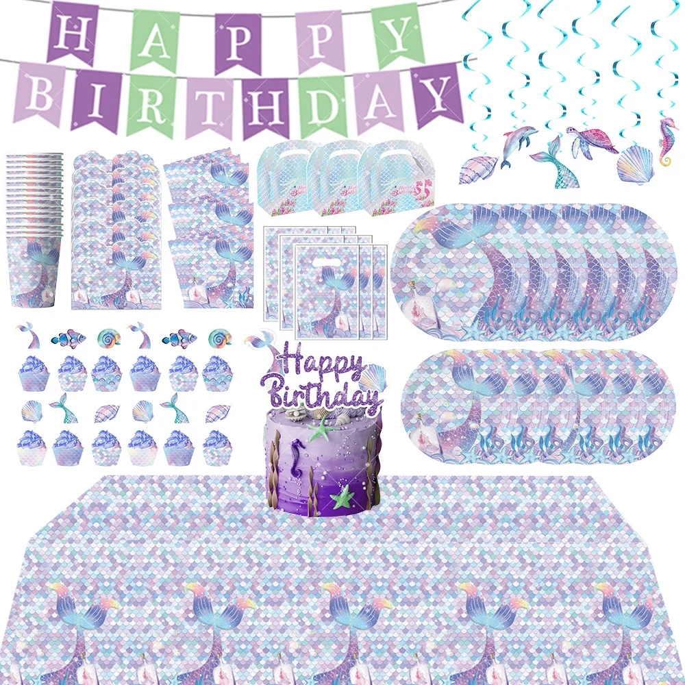 

Ocean Mermaid Princess Birthday Party Supplies Kit Plates Cups Napkins Banner Balloons Decor Girls Shower Backdrop Photo Studio
