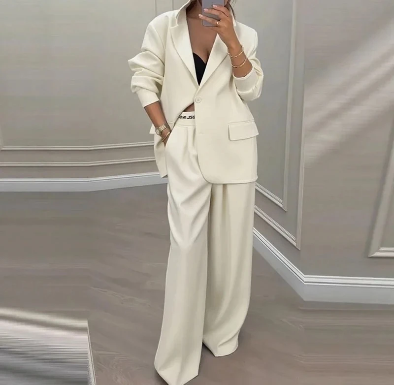 

Autumn Casual Women's Suit Set Sexy Turn-down Collar Button BlazerStraight-leg Pants Set Winter Solid Long Sleeve Chic Outfit