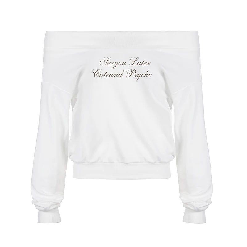 IAMHOTTY Casual Basic Letter Print Pullover White Korean Style Slash Neck Sweatshirts Chic Loose Long Sleeve Tops Streetwear New