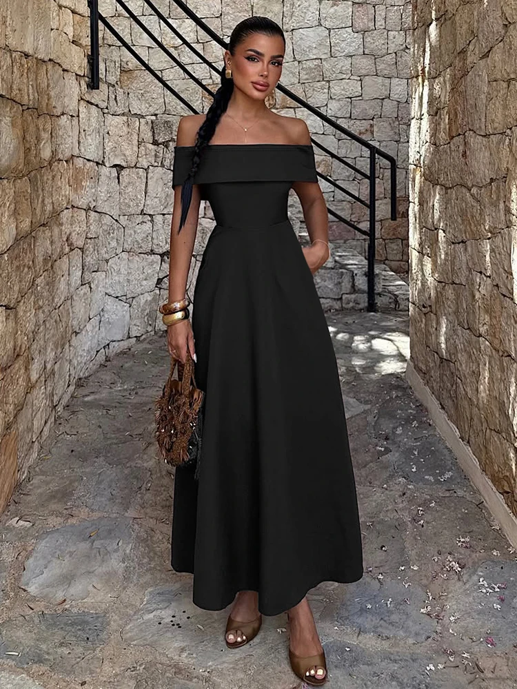 Kliou clásico A-line vestido largo drapeado Simple sólido fuera del hombro espalda descubierta ceñido al cuerpo mujer verano básico Hipster Vestidos de calle