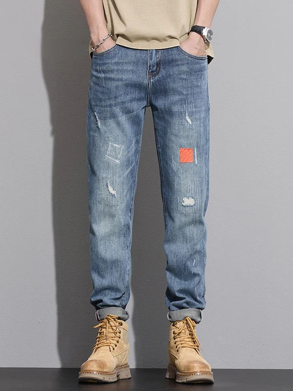 

High-End American Retro Patchwork Slim Fit Straight Leg Casual Jeans Trendy Brand Wear Resistant Cotton Stretch Denim