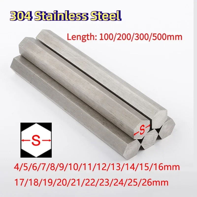 1Pc 304 Stainless Steel Solid Hex Rod Bar Shaft Dia 4/5/6/7/8/9/10/11/12/13/14/15/16/17/18/19-26mm Opposite Side Hexagonal Bar