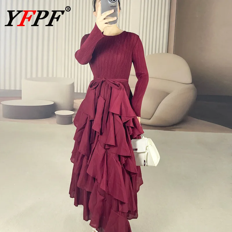

YFPF Fashion Women Pleated Long Dress Elegant Ruffles Patchwork Design Lace-up A Line Dresses Evening Party Clothing 3A226