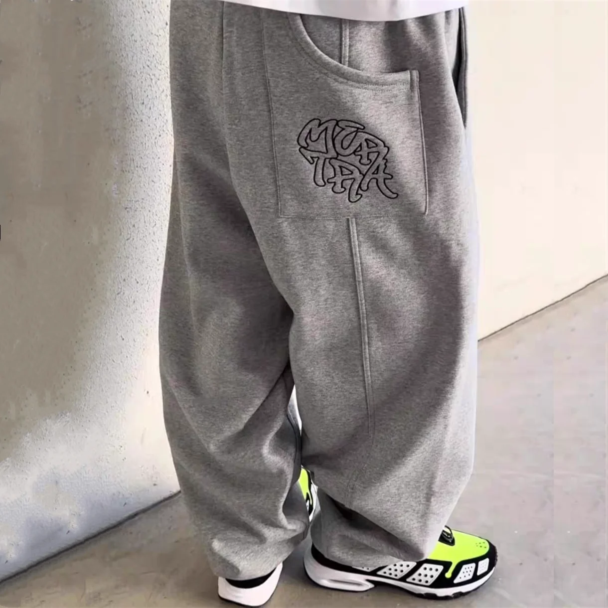 

Серые лоскутные брюки с вышивкой логотипа Mertra для мужчин и женщин, брюки унисекс из плотной ткани, спортивные штаны на шнурке для бега