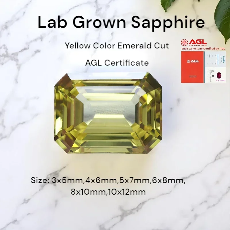 

Lab Grown Sapphire Yellow Color Emerald Cut Top Quality Gemstone With AGL Certificate Pass Tester For Diy Jewelry Making