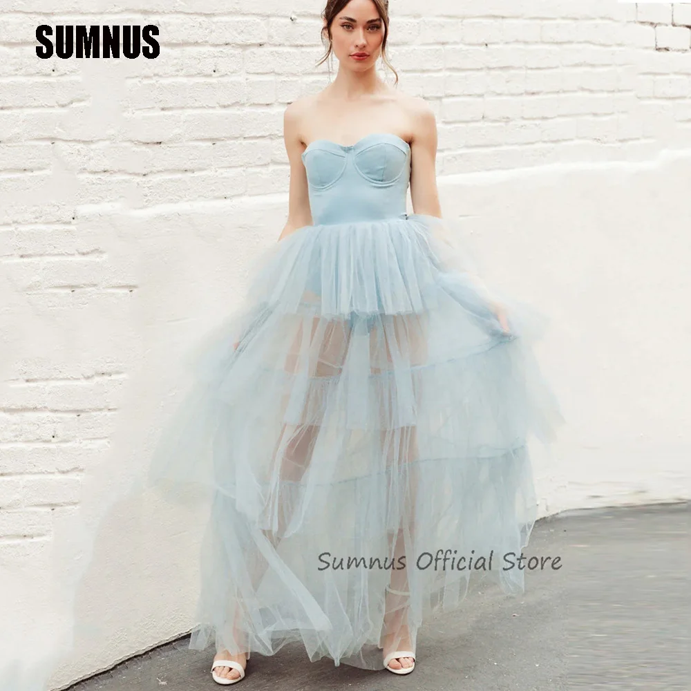 

SUMNUS Light Blue Sweetheart Party Dresses Sheer Tiered Beach Party Dress Custom Size Floor Length Bespoke kSimple Prom Gowns