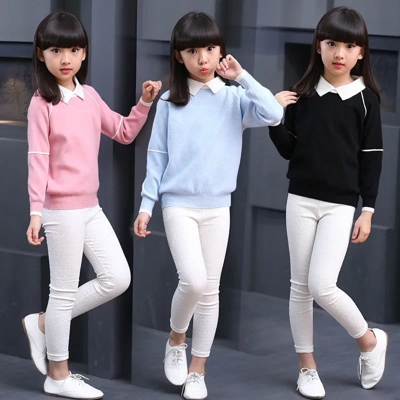 Teenage Girls Sweaters Spring Autumn Girls Long Sleeve Knitted Clothes Kids Turn Down Collar Sweater For Girls 6 8 10 12 Year