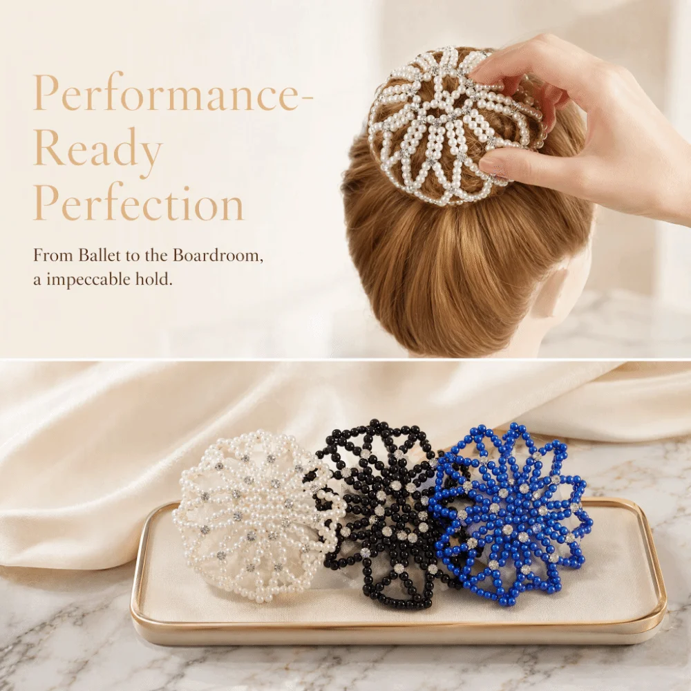 High Elastic Hair Net Pearl Beaded Stretchy Mesh Bun Net Soft Fabric Net Rhinestone Decor Women Hair Decor Office Professional