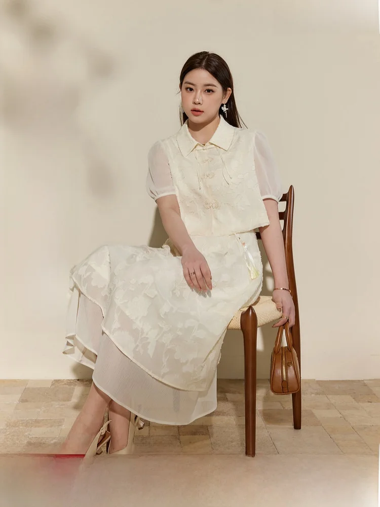

Blue Language plus Size Women's New Chinese Style Reformed Set Summer Chiffon Strapless Dress Button Top Elegant Hi...