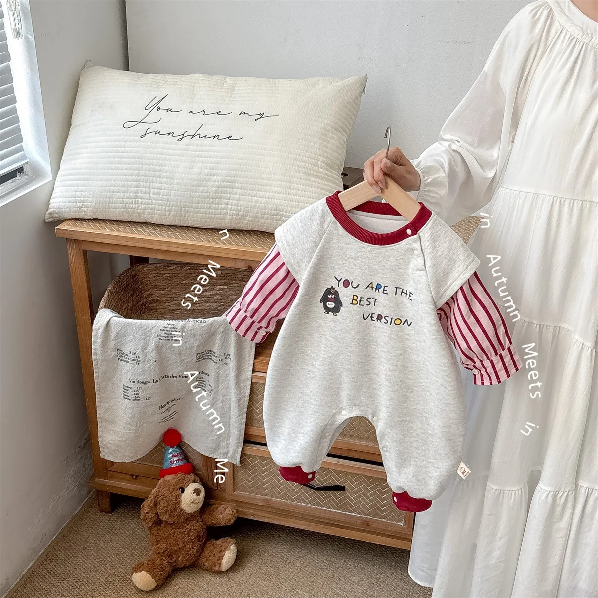 

Autumn Children's Rompers Round Neck Long-sleeved Color-block Newborn Girls Bodysuits Vertical Stripe Infant Baby Girls Jumpsuit