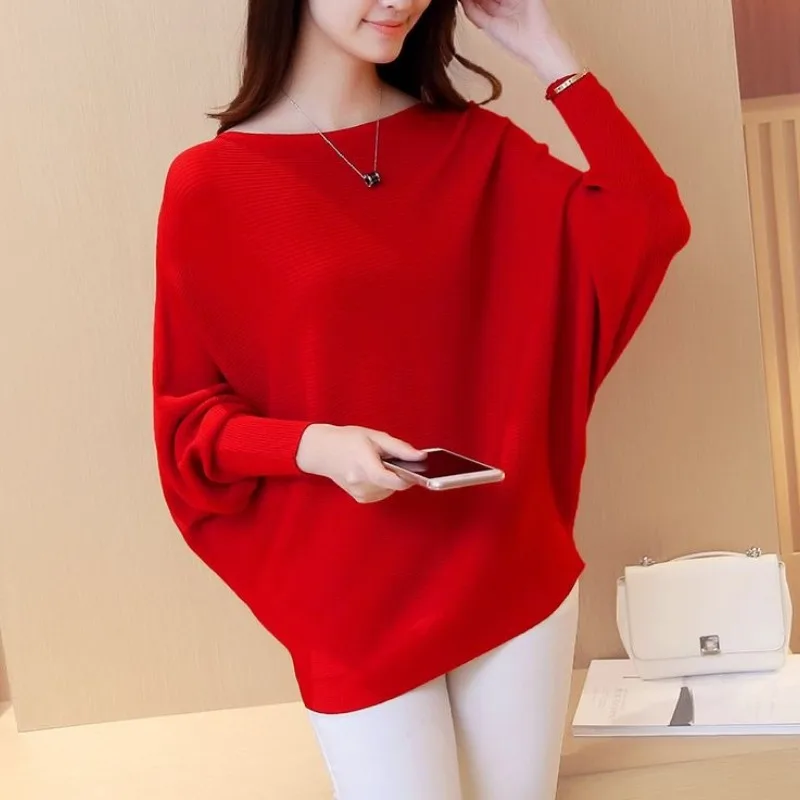 Women\'s Solid Color Pullover One Line Neck Sweater 2023 Autumn and Winter Korean Bat Sleeve Knitted Fashion Office Lady Tops