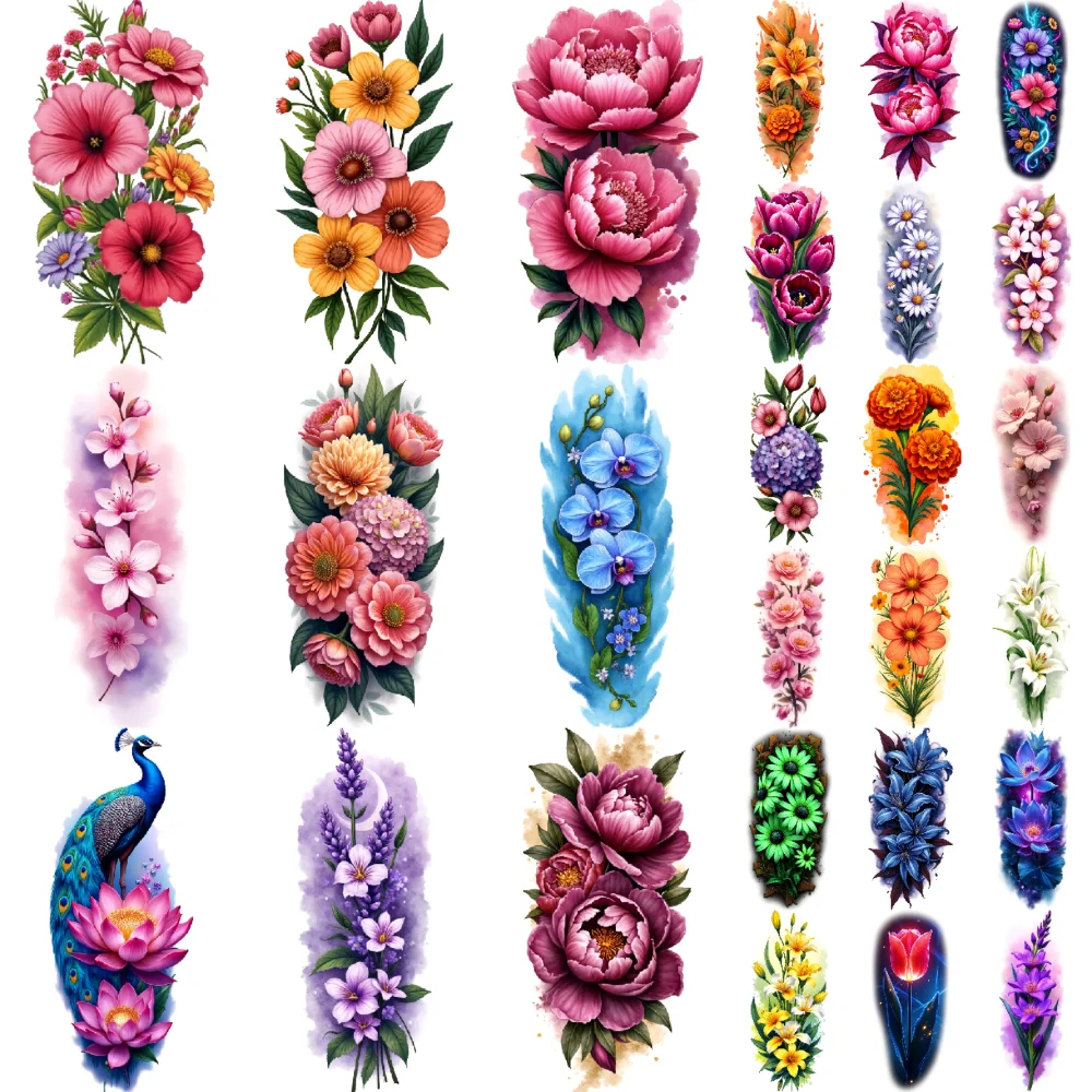 

9pcs Temporary Tattoo Realistic Temporary Tattoos Peacock Purple Flowers Lilies For Shoulders Arms Back