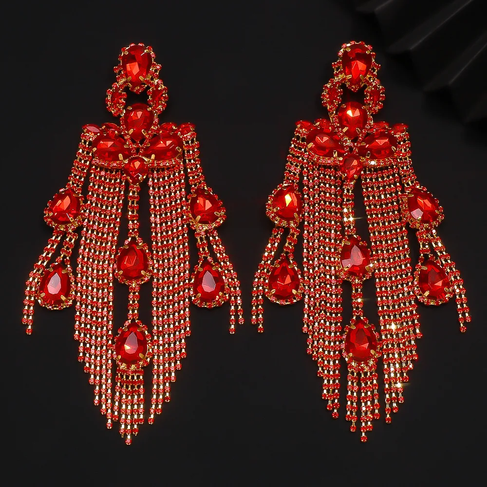 fashion exaggerated earrings, high-end sense shining rhinestone fringed earrings, catwalk jewelry earrings