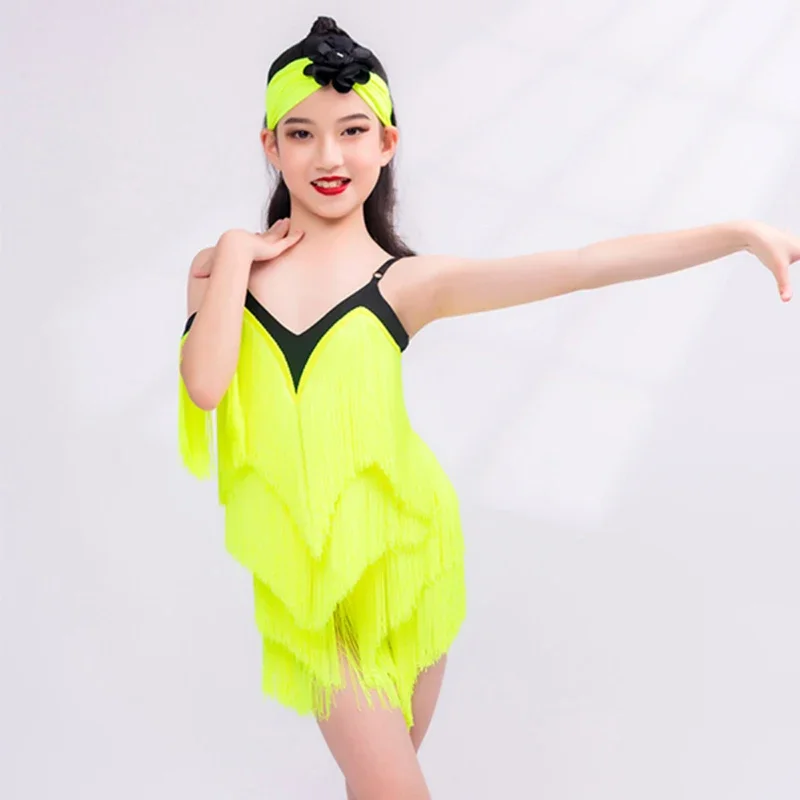 Kids Latin Dance Dress Girls Fluorescent Yellow Fringe Dress Professional Competition Clothes Cha Cha Dance Practice Wear V19374