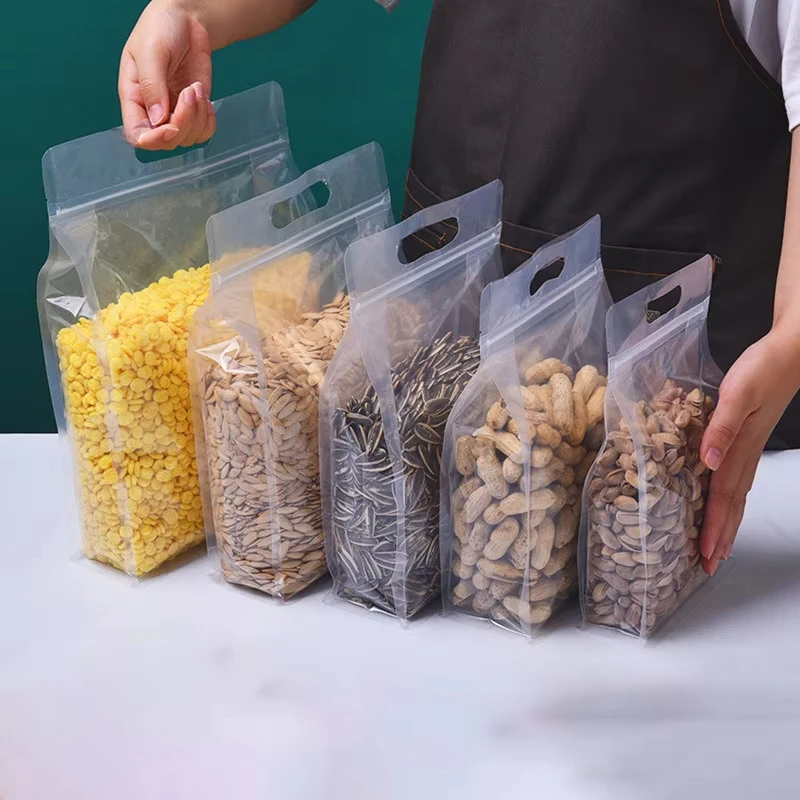 Bolsas de plástico transparente de 10 Uds., bolsa de almacenamiento de alimentos resellable con asa para embalaje de galletas y dulces, bolsa de polietileno autosellada con cremallera