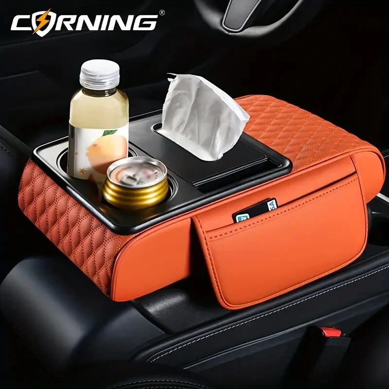 

7CM Thicken Height Car Armrest Pad Multifunctional PU Leather Center Console Box Cushion Elbow Support Cup Holder Organizer Bag