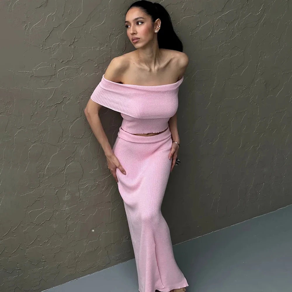 

Tuularose Knitted Skirt Two-piece Set Women's Summer One Shoulder Sleeveless Top High Waist Slit Skirt Set Casual Lady Skirt Set