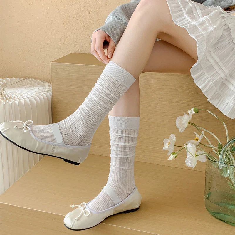 1/4 Pairs Women Summer Plain Casual Cotton Long Socks Breathable Hollow Mesh Thin Design Fashion Sweet Style Stacked Socks image 4