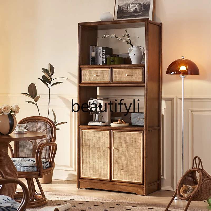 New Chinese-style solid wood rattan dining side cabinet small apartment double cabinet door with drawer medium antique