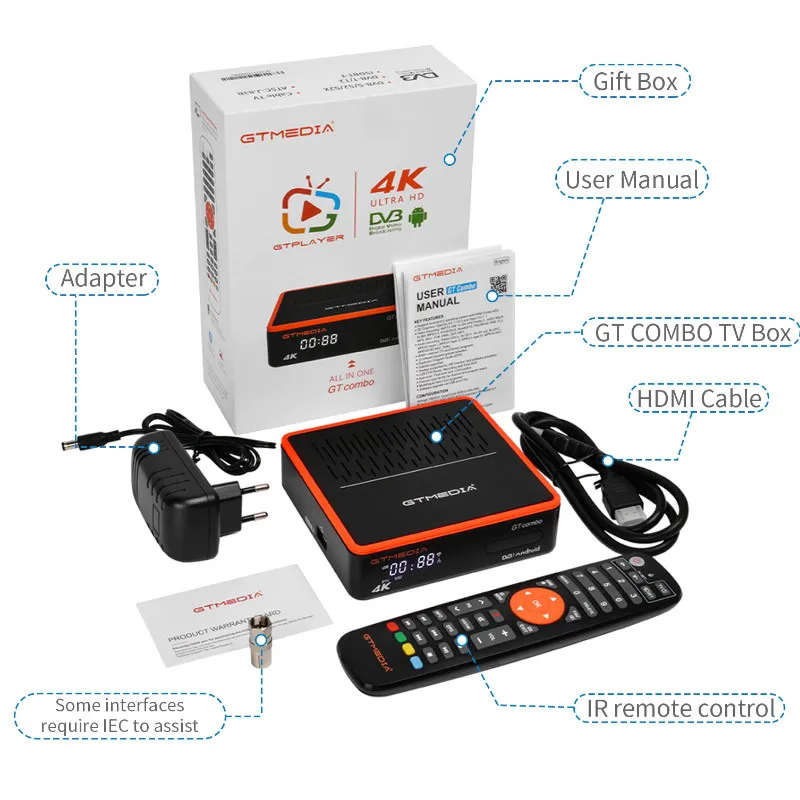 GTMEDIA GT Combo 8k android dvb t2 tuner telewizyjny DVB-S2/T2/kabelowy odbiornik satelitarny + karta Android9 CA M3u dla Azji Europy Bliski Wschód