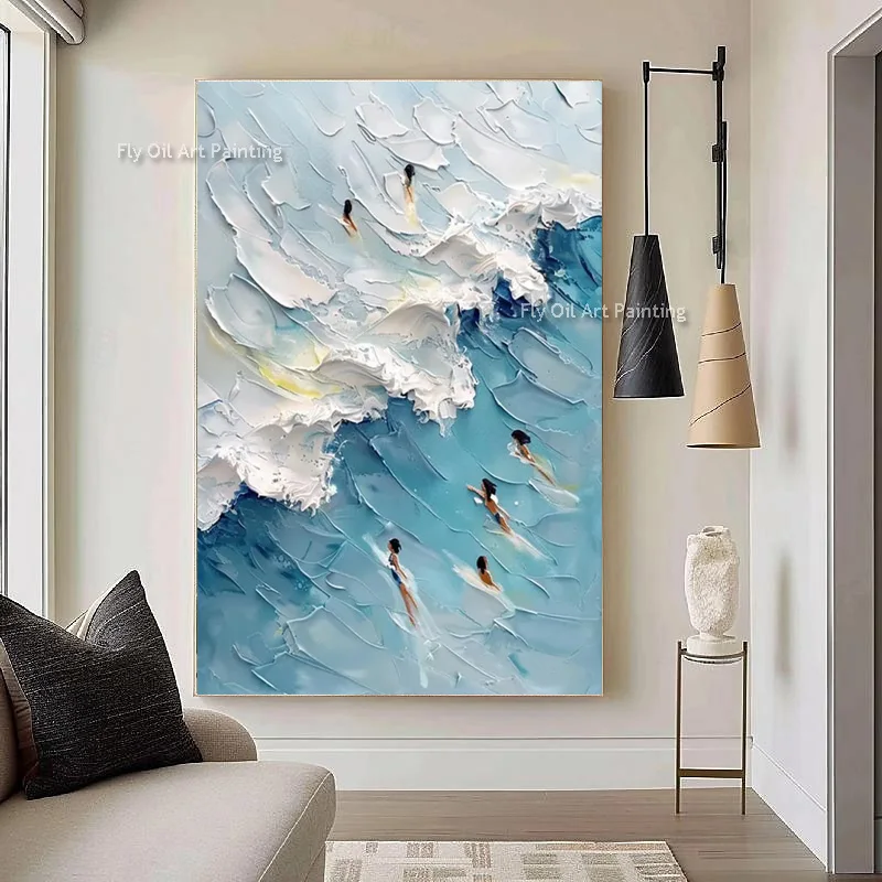 Large New Design Handmade Blue White Knife Thick Seaside Wall Art On Canvas Original People Playing By The Sea Oil Painting