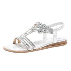 Sandals For Women Comfort With Elastic Ankle Strap Casual Bohemian Beach Shoes Fashion Crystal Floral Casual Shoes Open Toe Low