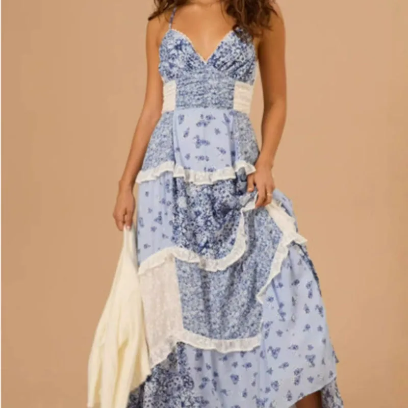 Casual ผู้หญิง Boho ปิดไหล่ชุดยาวเซ็กซี่พิมพ์ลายดอกไม้ Beach Sundress Elegant Holiday แขนกุด Patchwork Maxi Dresses