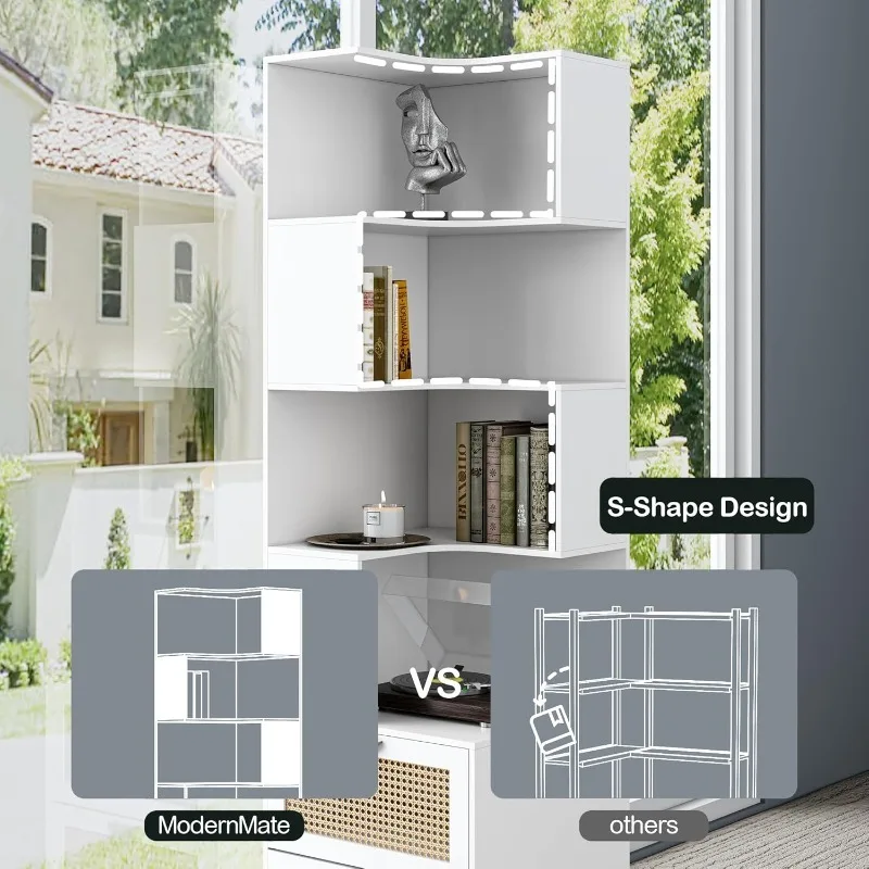 71" Tall Bookcase, Reversible Modern Bookshelf DIY Design with Baffle, L Shaped Freestanding Wood Corner Display Rack for Home O