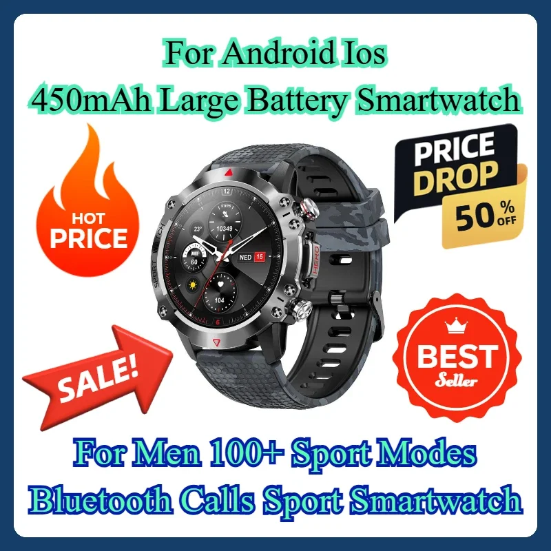 

For Android Ios 450mAh Large Battery Smartwatch For Men 100+ Sport Modes Bluetooth Calls Sport Smartwatch