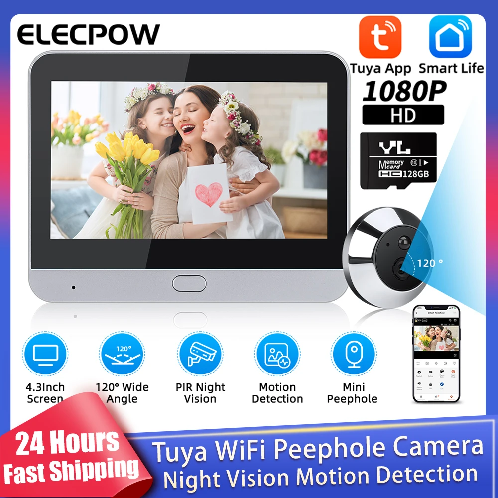 

Elecpow Smart Home Tuya WiFi Peephole Camera Doorbell Camera 1080P 4.3Inch PIR Night Vision Motion Detection Digital Door Viewer