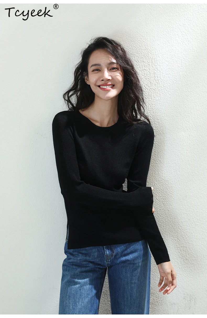 

Tcyeek, 100%Merino Wool, Pullovers For Women, Round Neck, Fashion Bottom Sweaters, 2024 Autumn Winter Tops, Black T49510QM