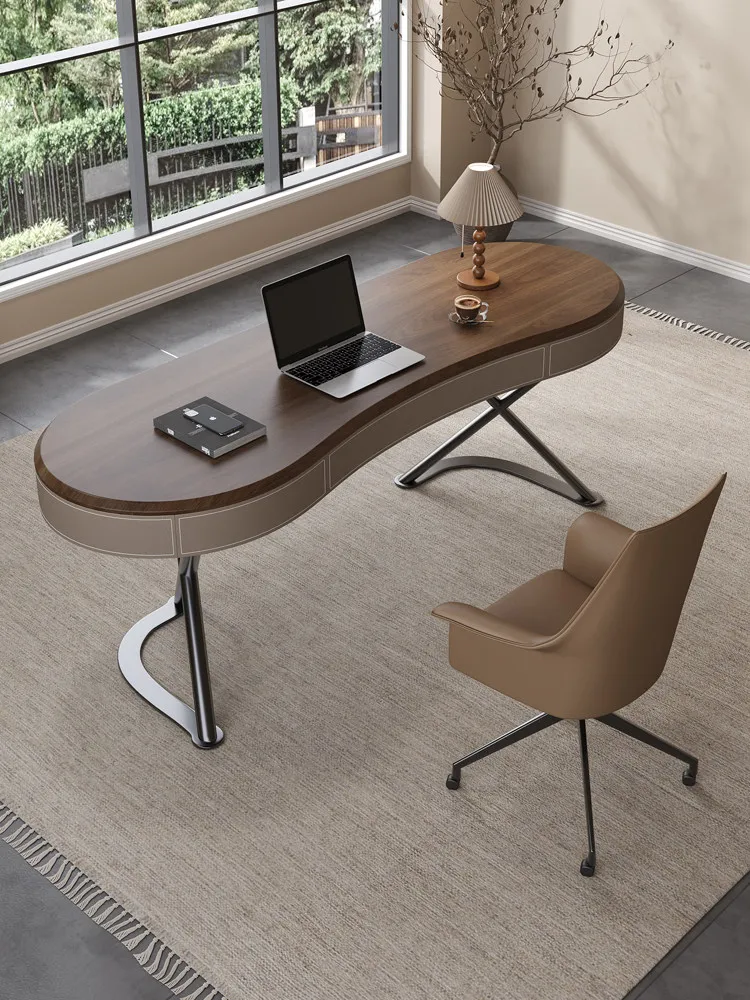Light Luxury Modern Simple Saddle Leather Office Desks Study Bedroom Walnut Leather Office Computer Desk High-end SolidWood Desk
