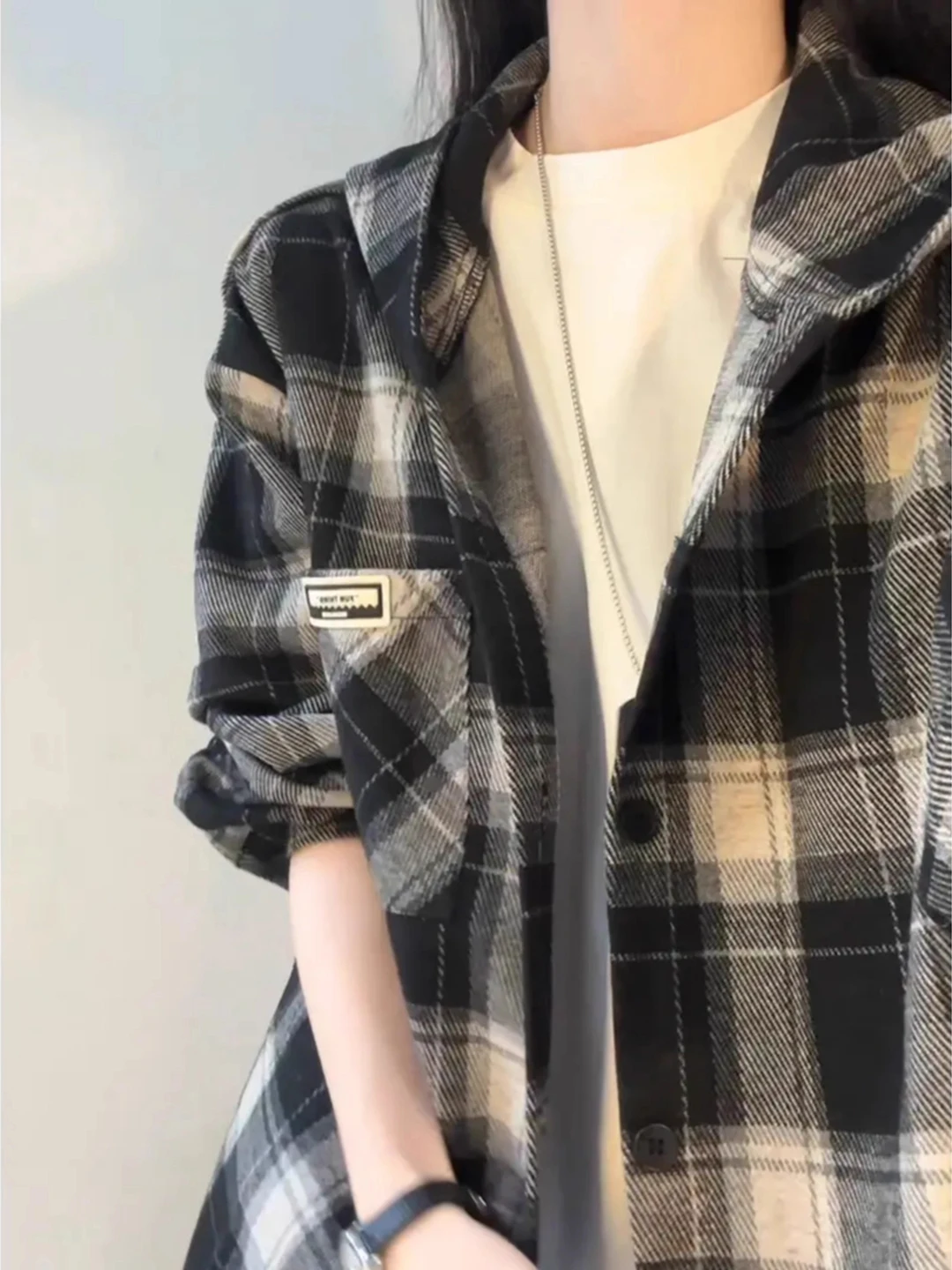 

Black Plaid Flannel Shirt Men's High-End Feeling Layering Long Sleeve Shirt Cleanfit American Retro Jacket Hooded Casual Shirt