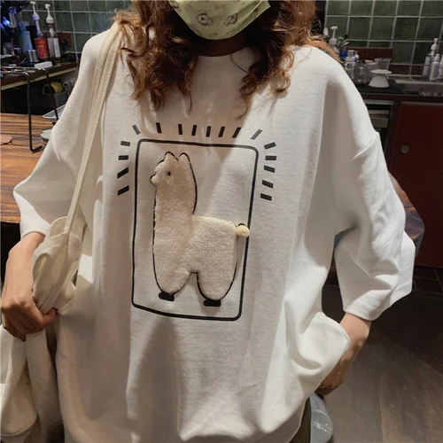 APIPEE Cartoon Alpaca Animal Printed Casual Loose Oversize Korean Style 2024 Summer Short Sleeve Women Top Female T-shirts