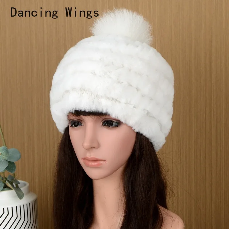 Women Winter Warm Fox Fur Ball Hat Natural Rex Rabbit Cap Russian Female Snow Cap Winter Hats for Women Girls Fur Beanies Caps