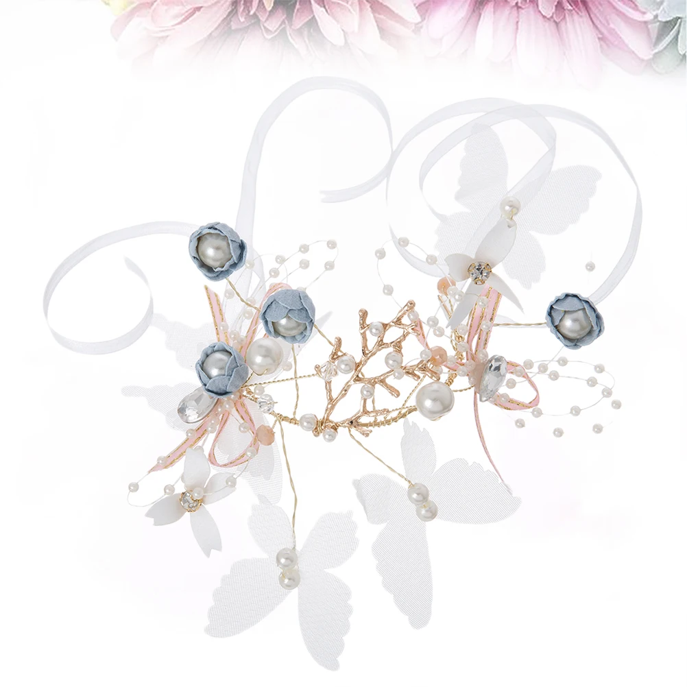 

Wedding Bridal Bridesmaid Wrist Flower Sky-Blue Rhinestone Pearl Fabric Butterfly Decorative Comfortable Matching Any Dress