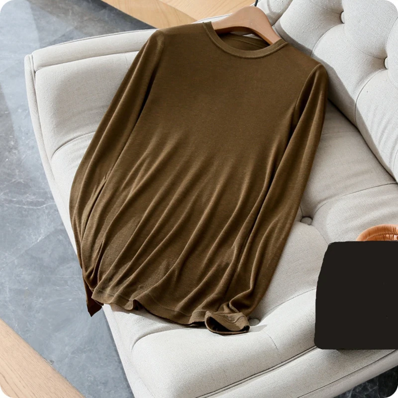 تي شيرت نسائي رقيق برقبة دائرية وأكمام طويلة من الصوف الصلب ملابس علوية أساسية غير رسمية لربيع وصيف 2024