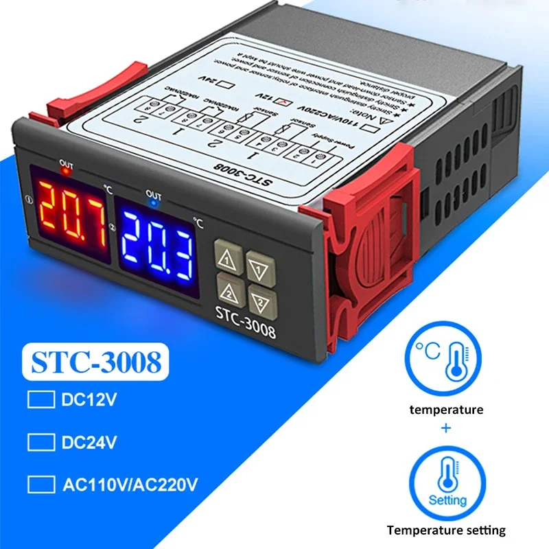 STC-3008 Dual Digital Temperature Controller Two Relay Thermostat Output 12V 24V 220V Thermoregulator with Heater Cooler Switch