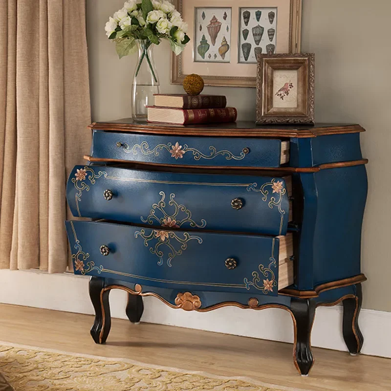 American Country Style Retro Solid Wood Entrance Cabinet Three Drawer Storage Console for Living Room Foyer Painted