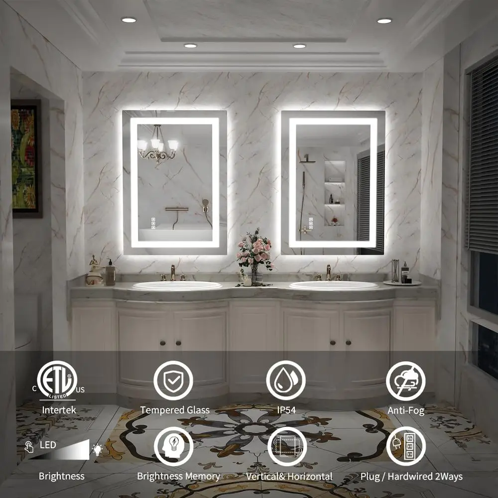 24x36 inch LED-verlichte badkamerspiegel met anticondens, onbreekbaar, 3 kleuren licht en helderheidsgeheugen